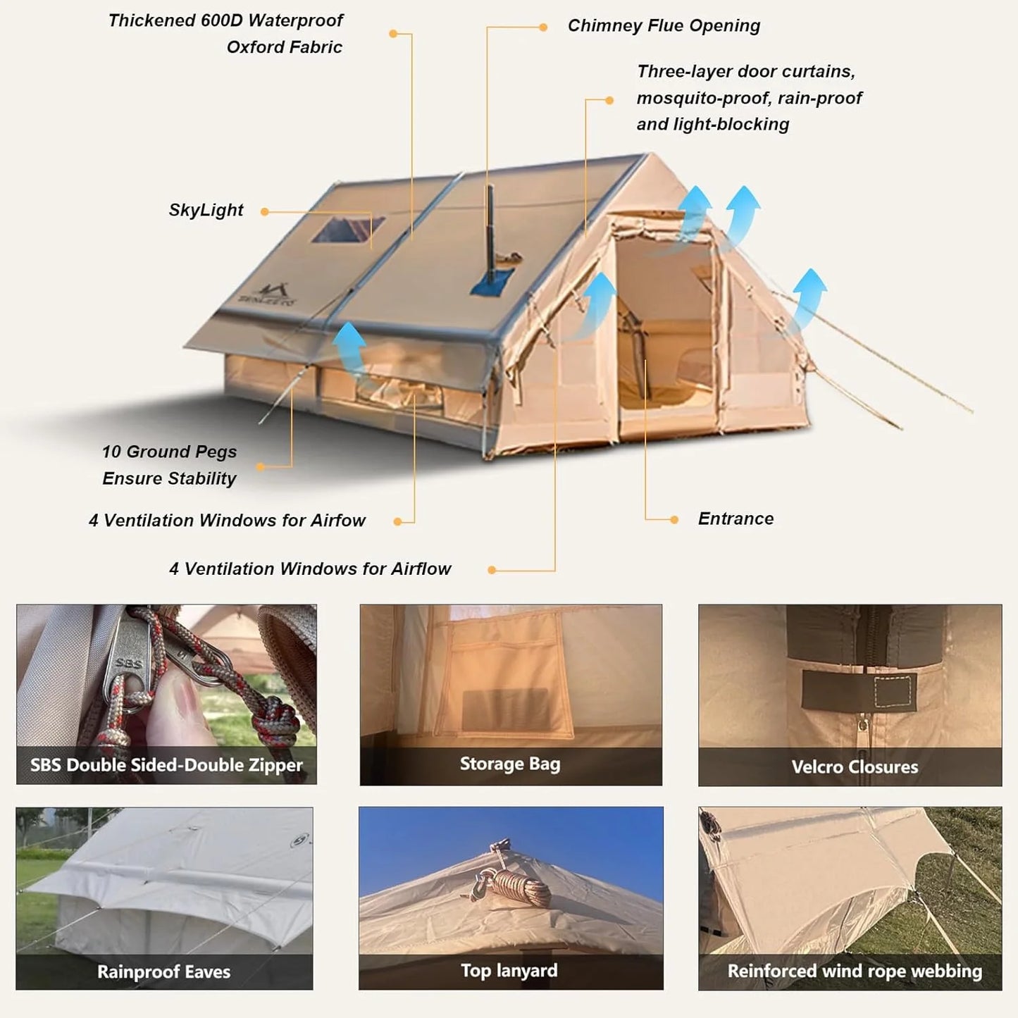 Inflatable Camping Tent For 8 To 10 Persons Waterproof