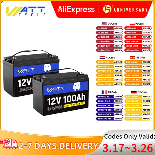 Wattcycle LiFePO4 Battery 12V 100Ah 2Packs Built-in 100A BMS Supports Series and Parallel Connection for RVs and Golf Carts