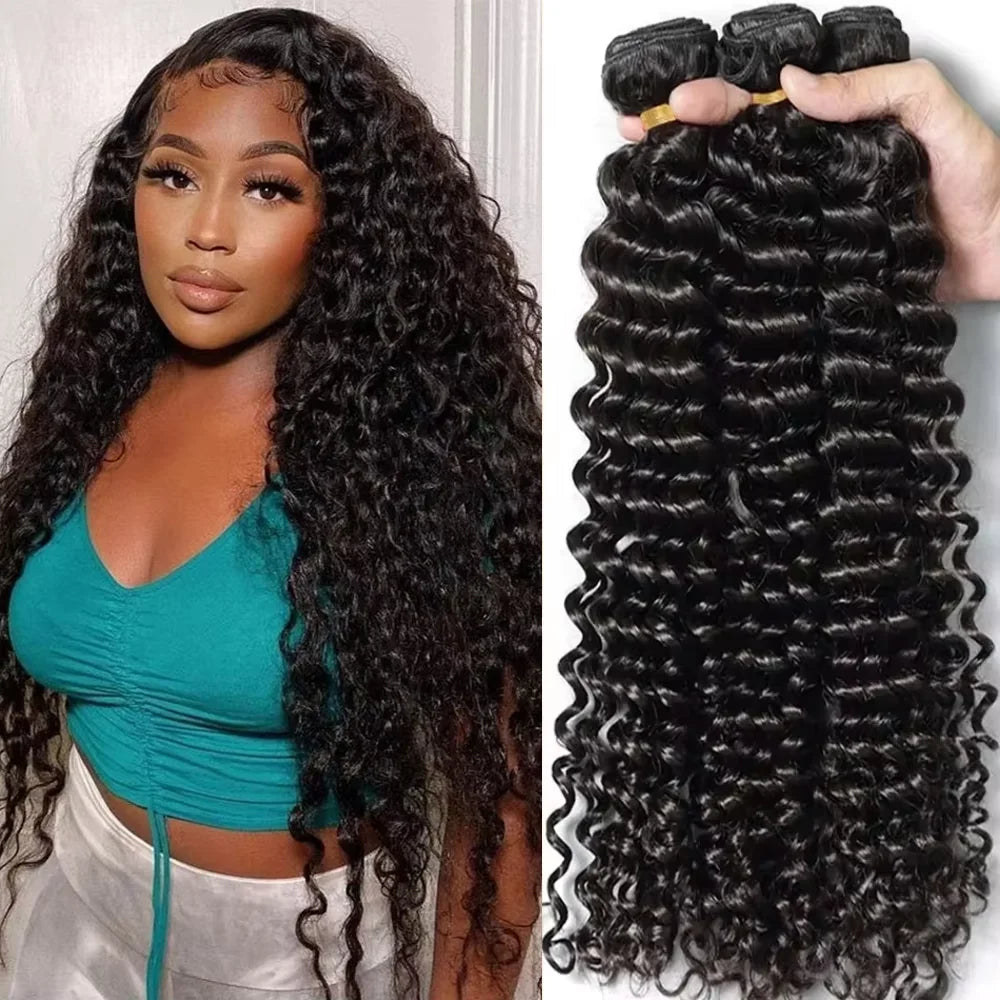 3 PCS Peruvian Deep Wave Bundles Virgin Human Hair Double Weft Curly 30 40 Inch Hair Weave