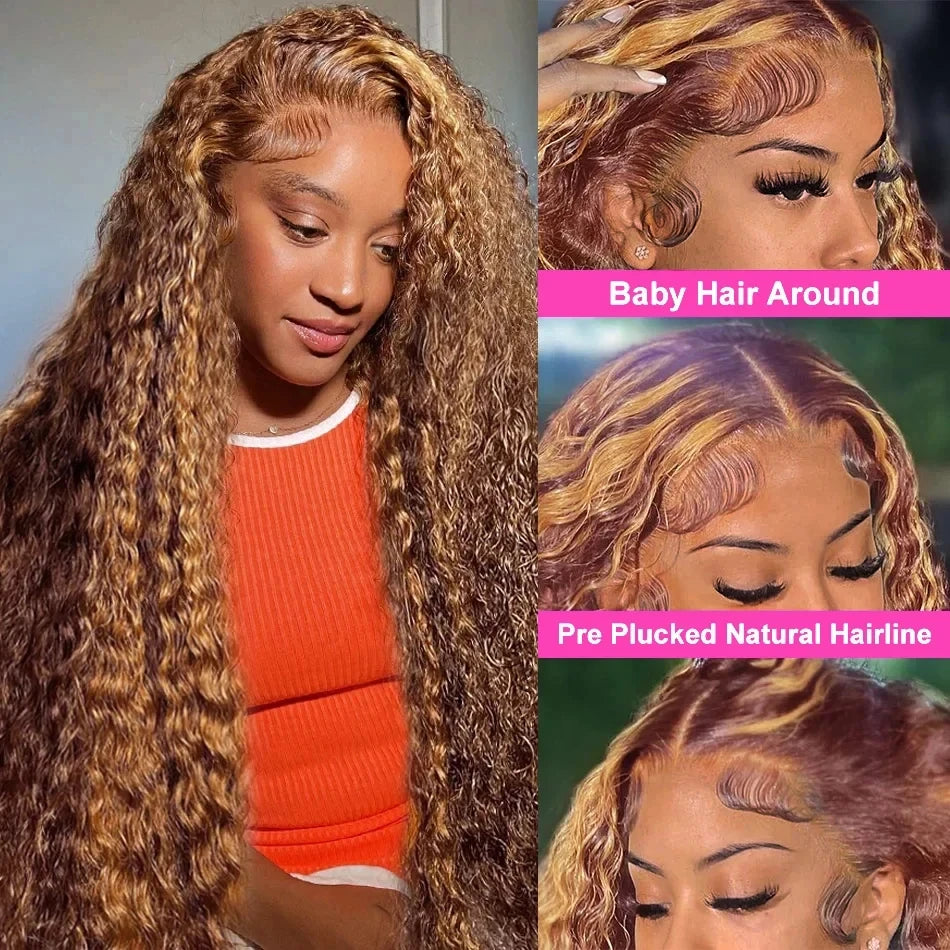 Hd Transparent Curly Highlight 13x6 Lace Frontal Wig Human Hair Deep Wave Blonde