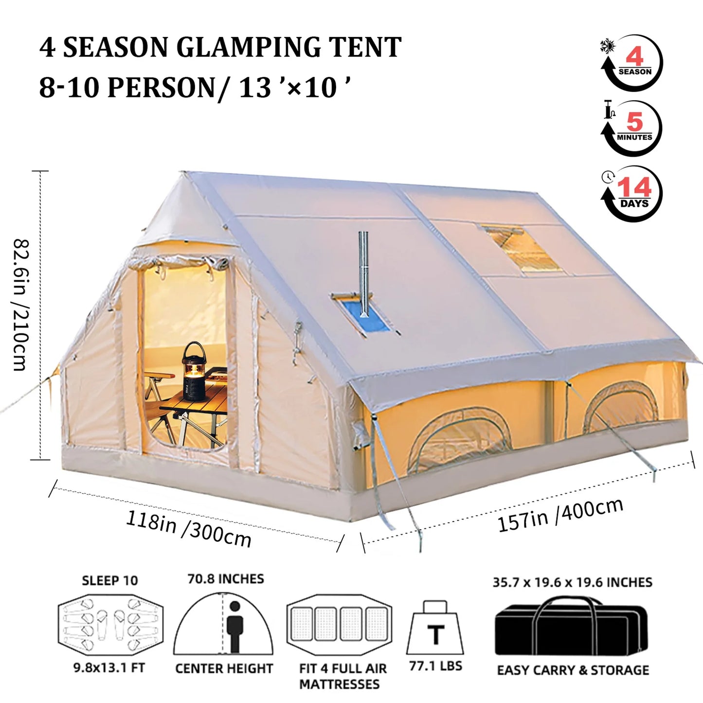 Inflatable Camping Tent For 8 To 10 Persons Waterproof
