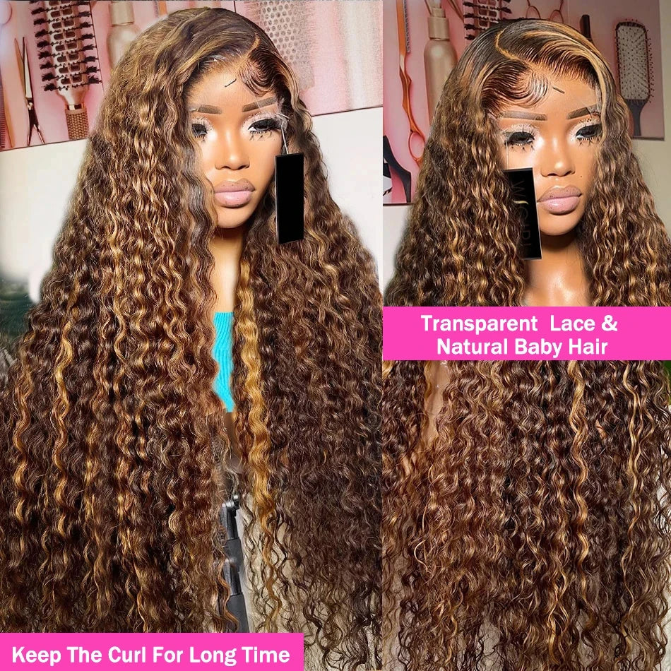 Hd Transparent Curly Highlight 13x6 Lace Frontal Wig Human Hair Deep Wave Blonde