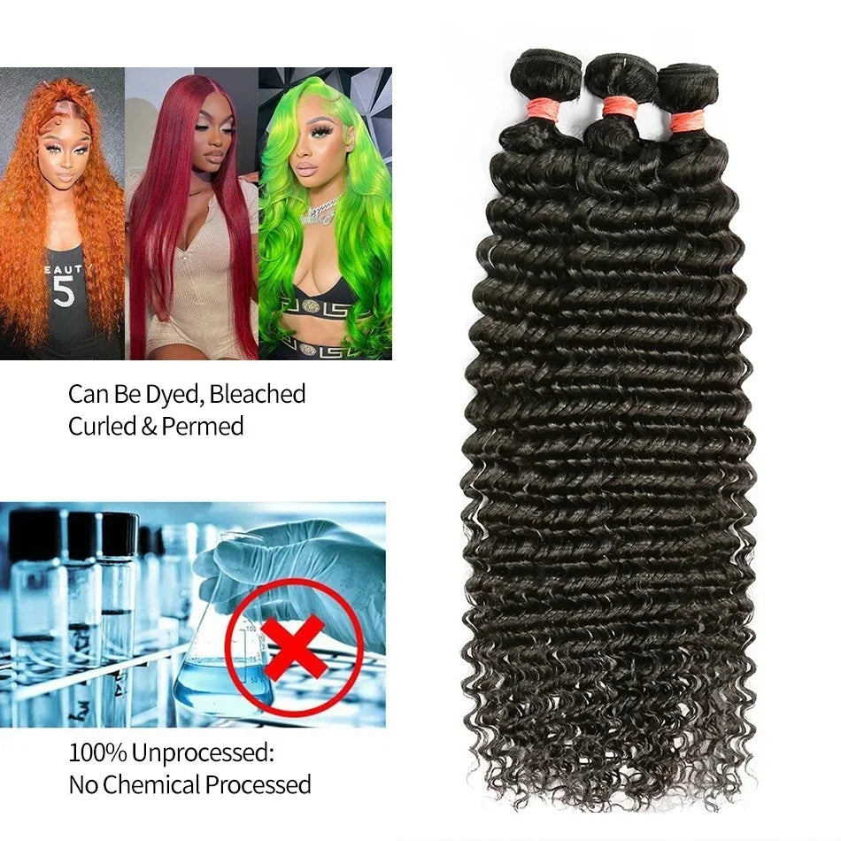 3 PCS Peruvian Deep Wave Bundles Virgin Human Hair Double Weft Curly 30 40 Inch Hair Weave
