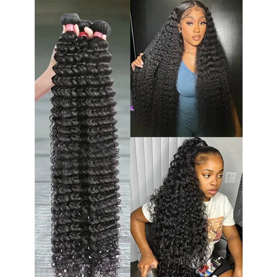3 PCS Peruvian Deep Wave Bundles Virgin Human Hair Double Weft Curly 30 40 Inch Hair Weave