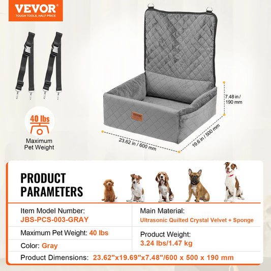 VEVOR Dog Car Seat Waterproof Dog Booster Seat Pet Car Seat with Clip-On Safety Leach
