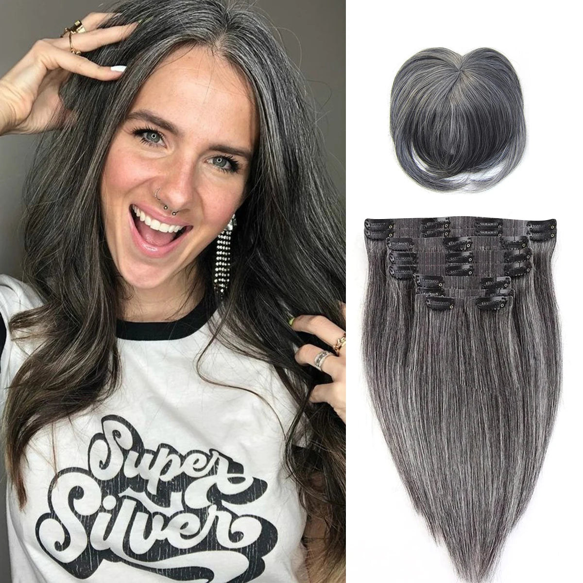 10Pcs/Pack Hair Extensions Full Head Blonde Straight Clip Ins Human Hair 12A Grey Hair