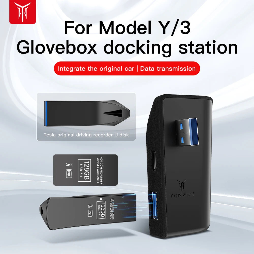Glove Box Docking Station For Tesla Model Y Model 3 Quick Charger 4 USB Shunt Hub Flocking Adapter