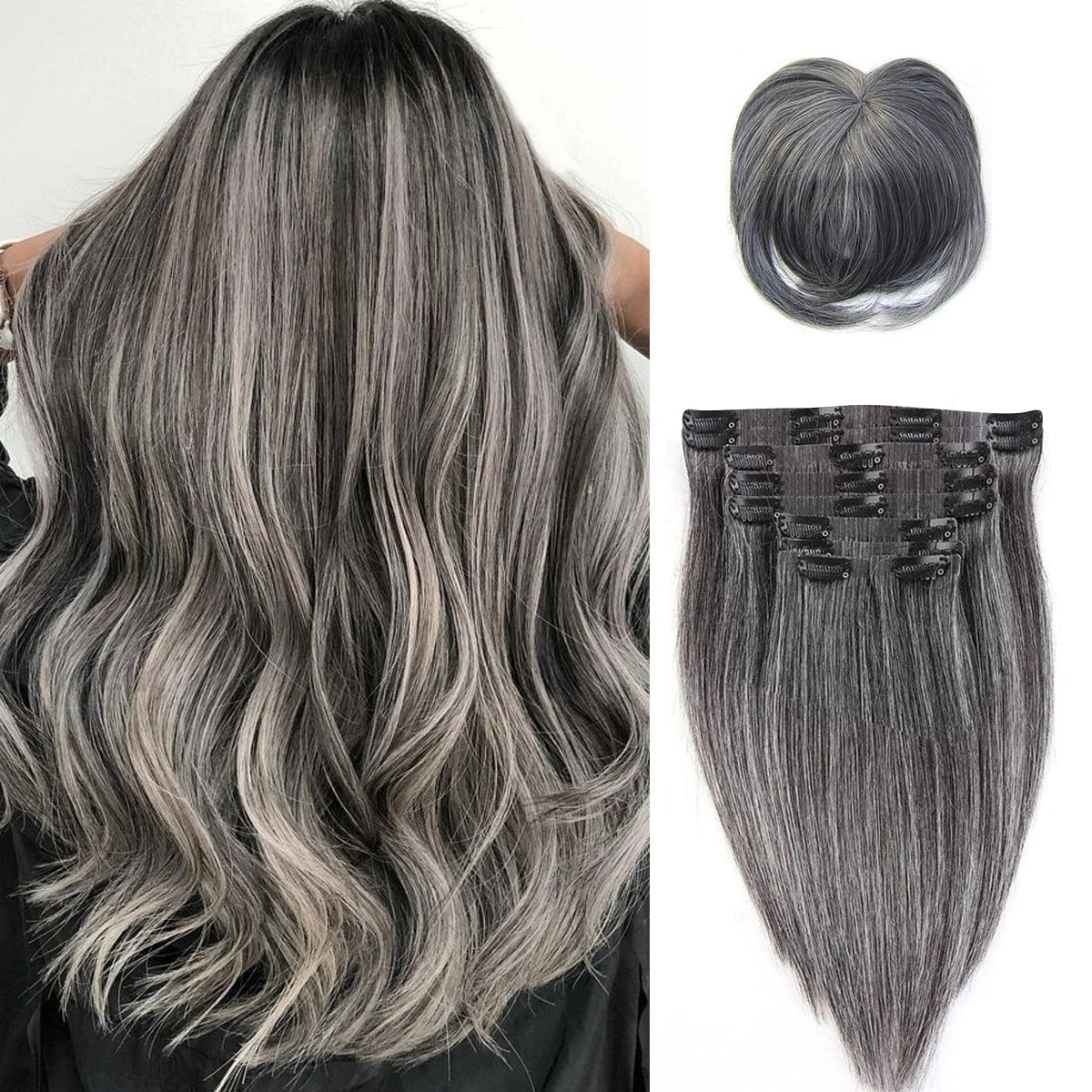 Salt Pepper Seamless PU Clip In Hair Extensions Straight Human Hair