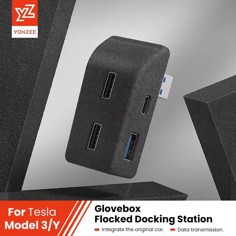Glove Box Docking Station For Tesla Model Y Model 3 Quick Charger 4 USB Shunt Hub Flocking Adapter